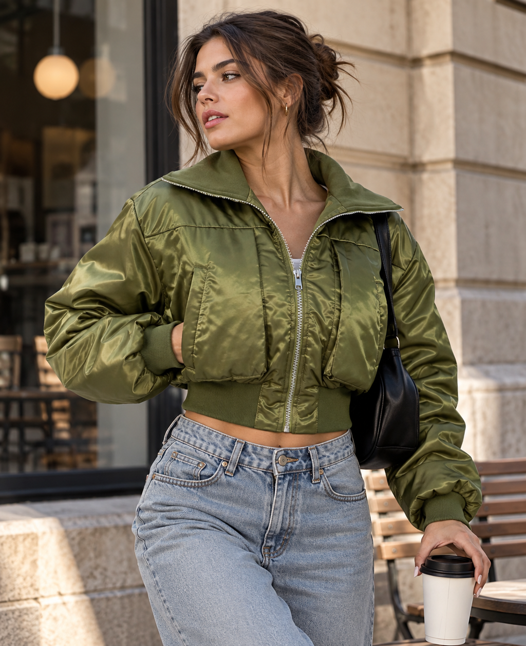 Shiny Cropped Padded Bomber