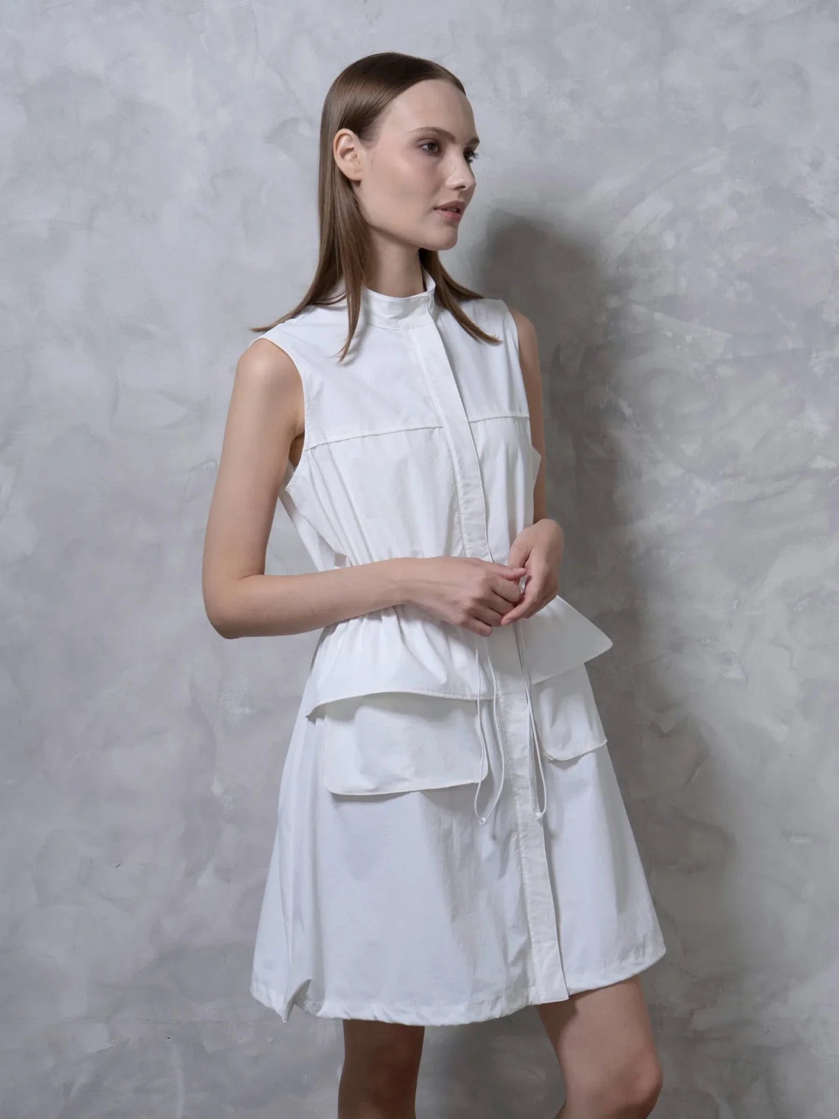 Drawstring Waist Sleeveless Zipped Long Bubble Dress