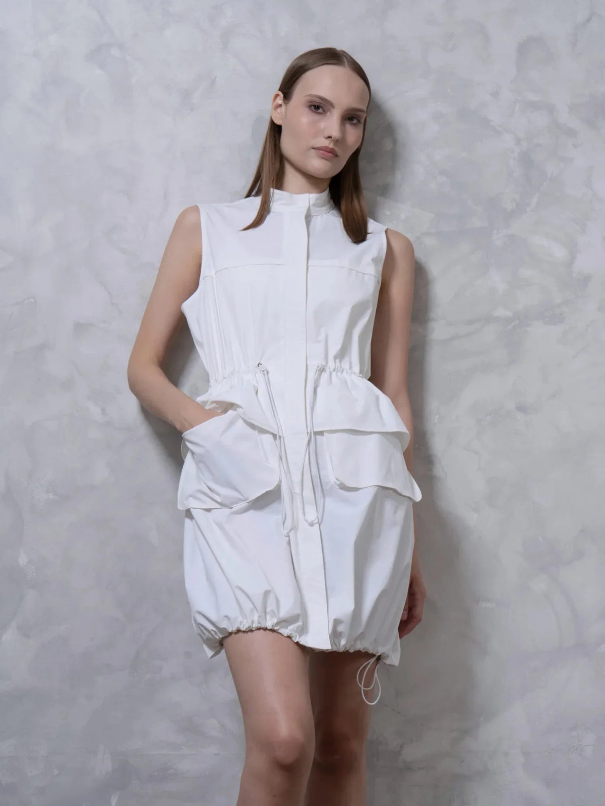 Drawstring Waist Sleeveless Zipped Long Bubble Dress