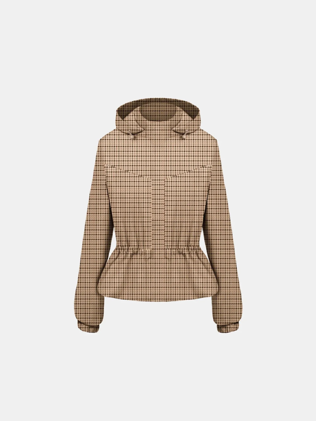 Beige Houndstooth Short Drawstring Waist Rain Jacket