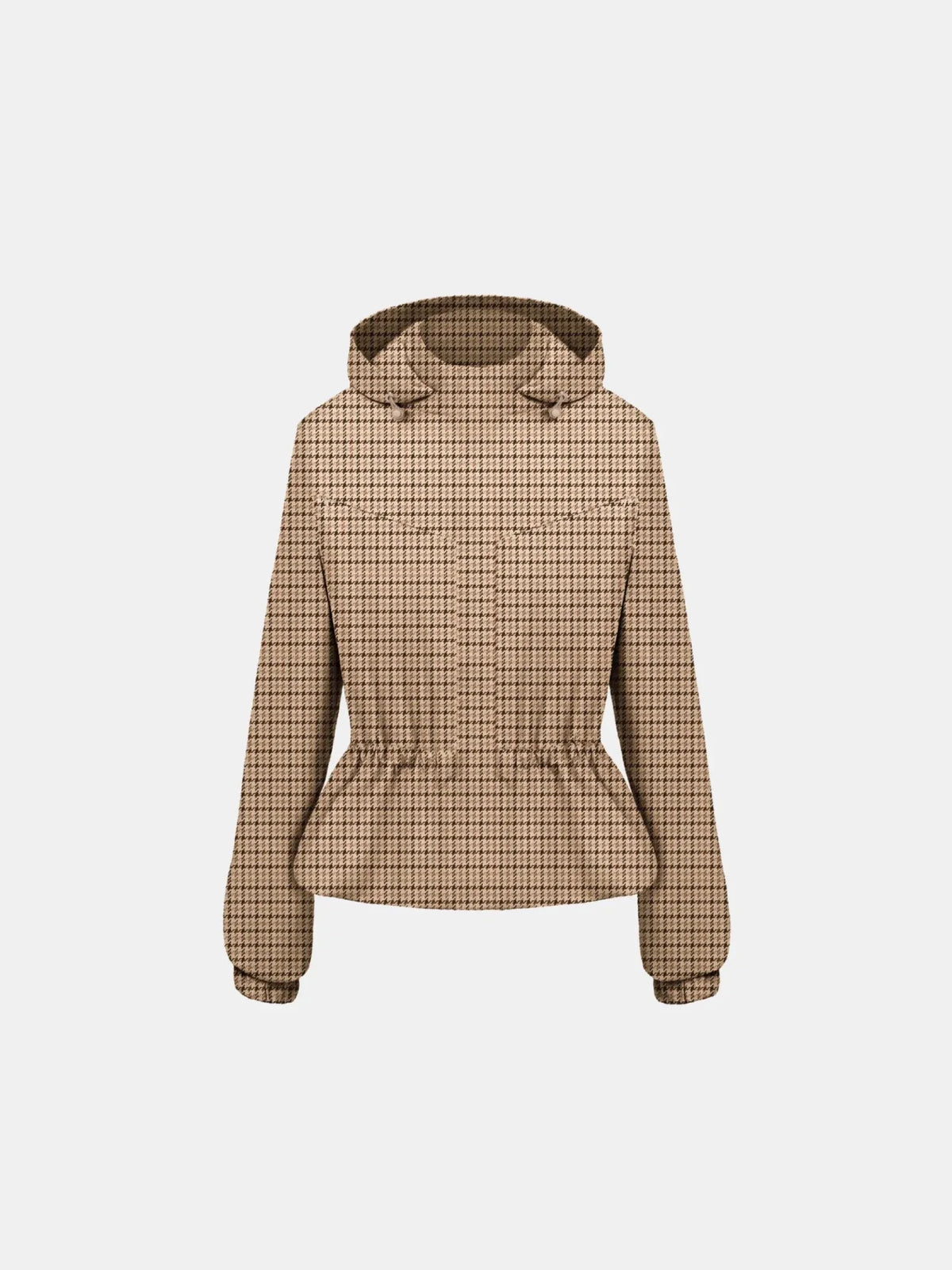 Beige Houndstooth Short Drawstring Waist Rain Jacket