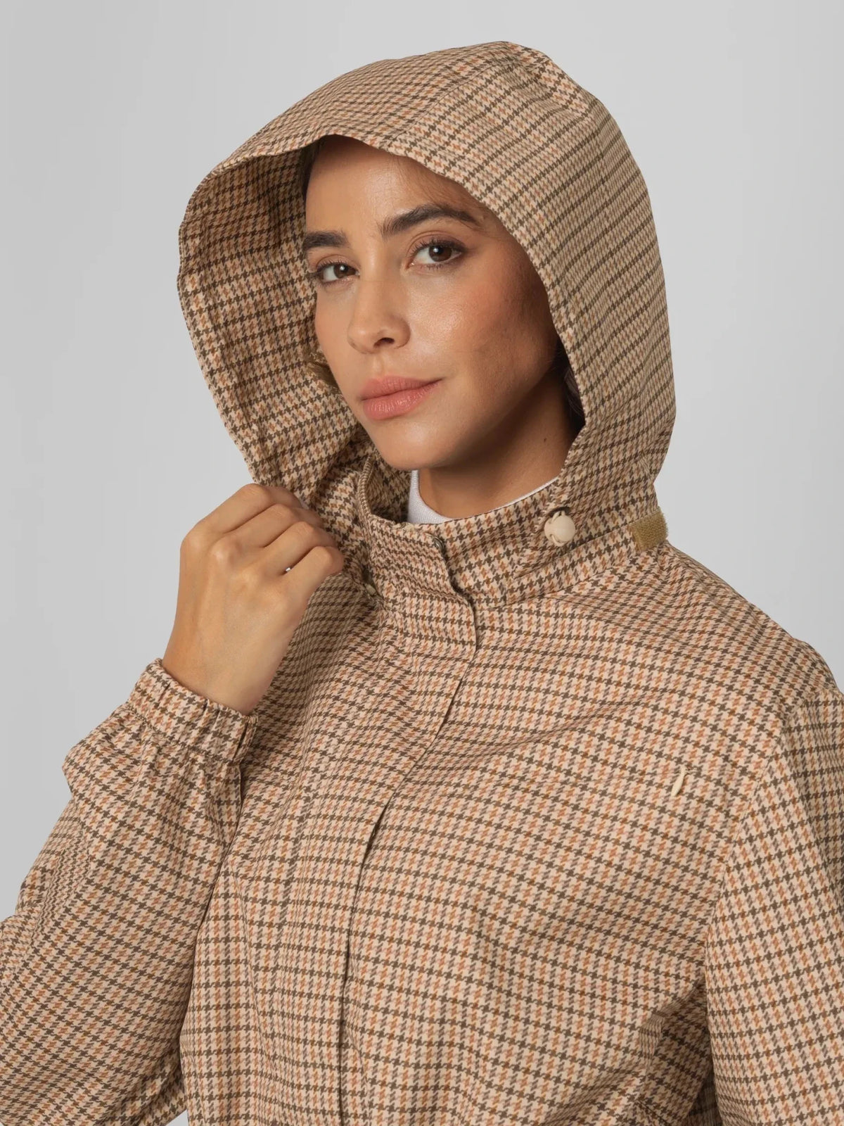 Beige Houndstooth Short Drawstring Waist Rain Jacket