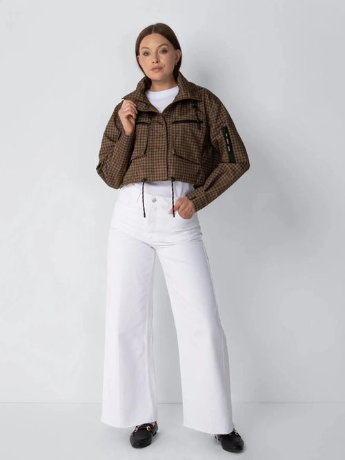 Brown Check Cropped Detached Hooded Rain Jacket