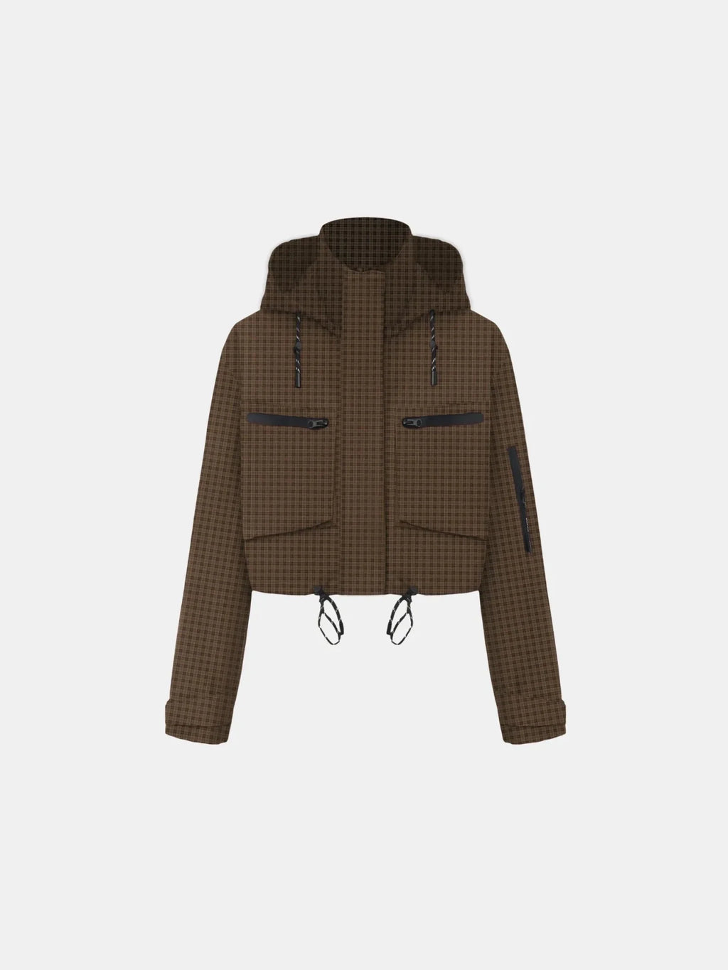 Brown Check Cropped Detached Hooded Rain Jacket