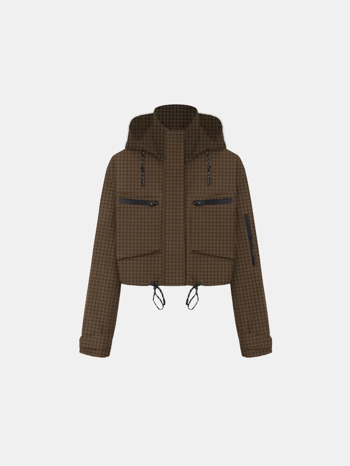 Brown Check Cropped Detached Hooded Rain Jacket