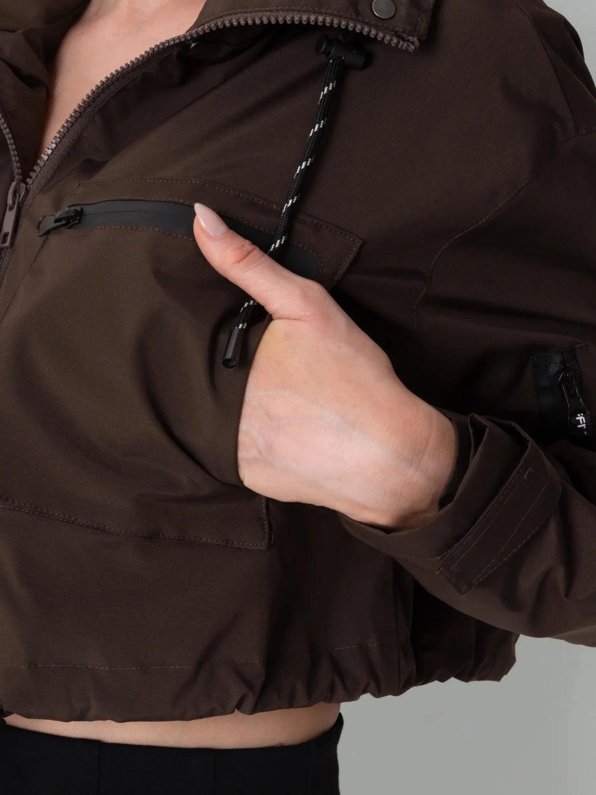 Brown Check Cropped Detached Hooded Rain Jacket