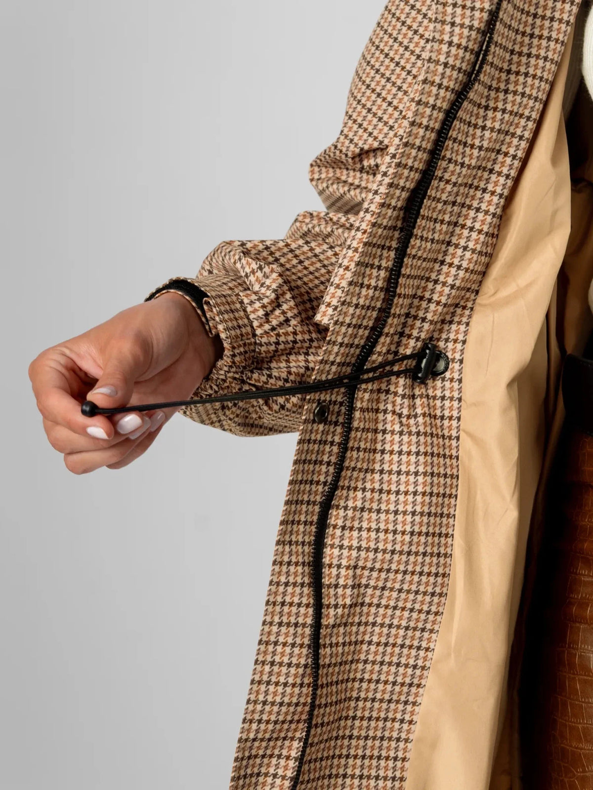 Beige Houndstooth Elevated Long Breathable Raincoat