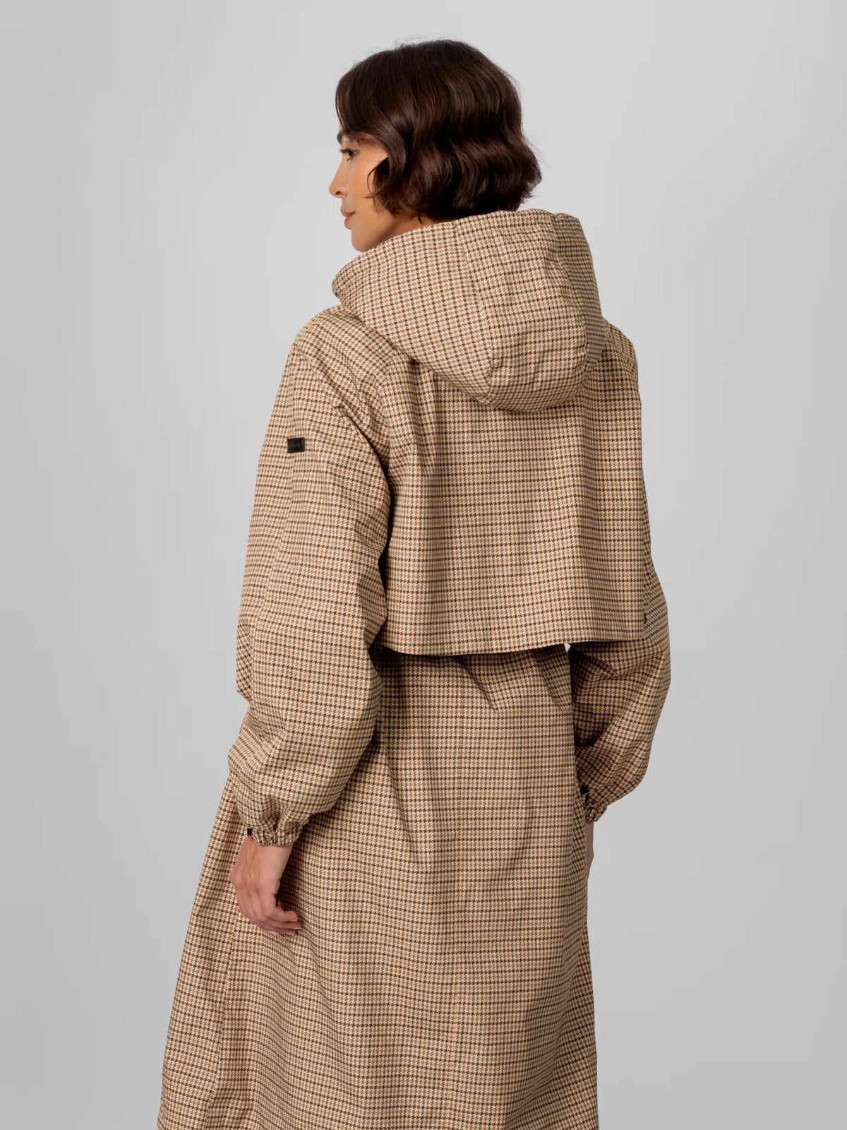 Beige Houndstooth Elevated Long Breathable Raincoat