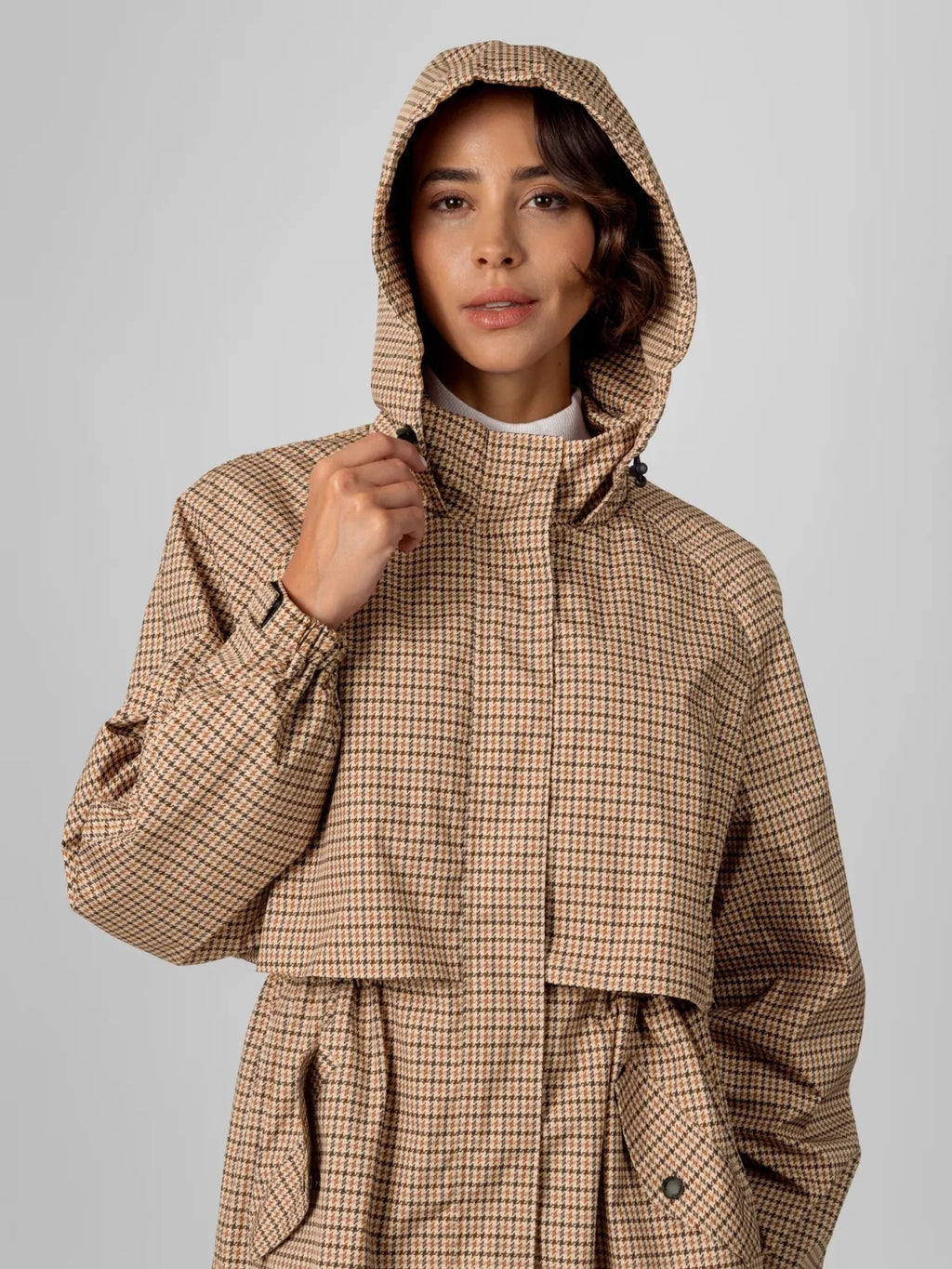 Beige Houndstooth Elevated Long Breathable Raincoat
