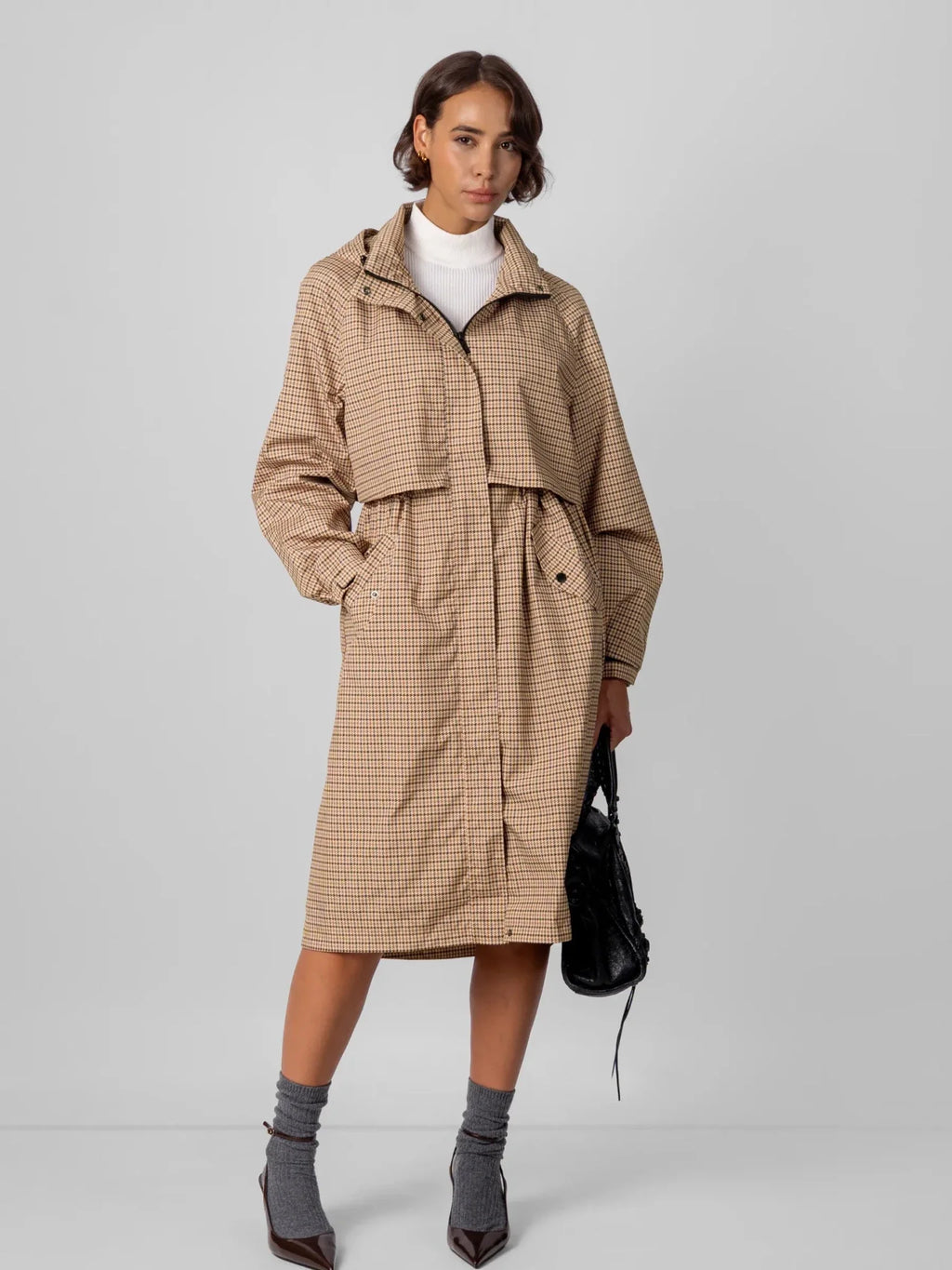 Beige Houndstooth Elevated Long Breathable Raincoat