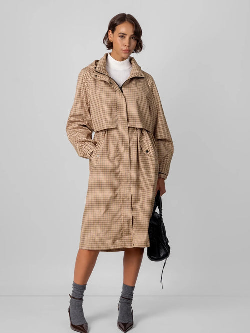Beige Houndstooth Elevated Long Breathable Raincoat