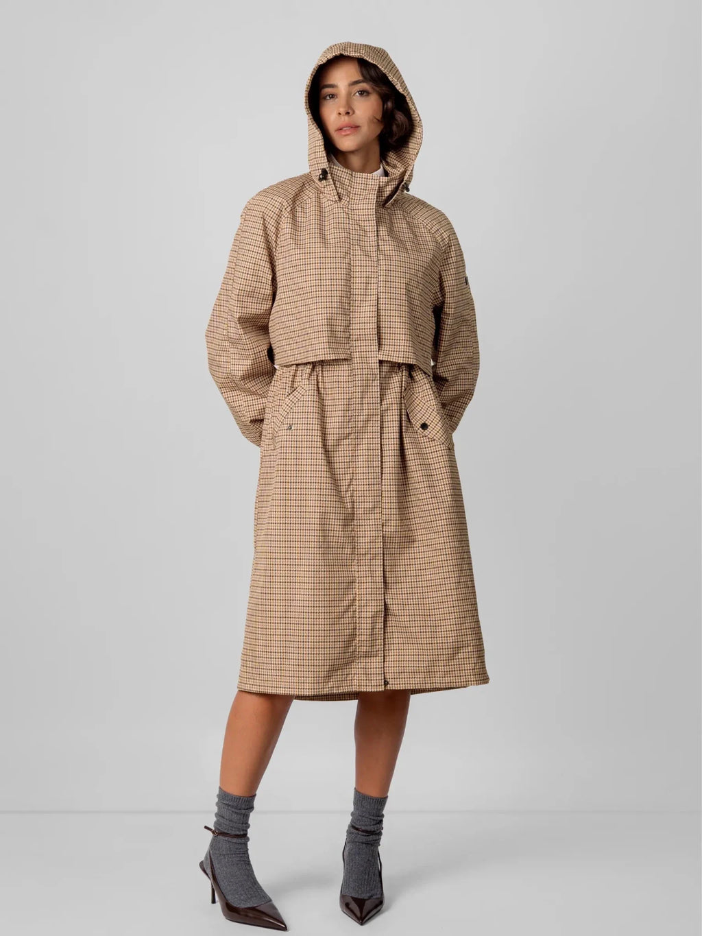 Beige Houndstooth Elevated Long Breathable Raincoat