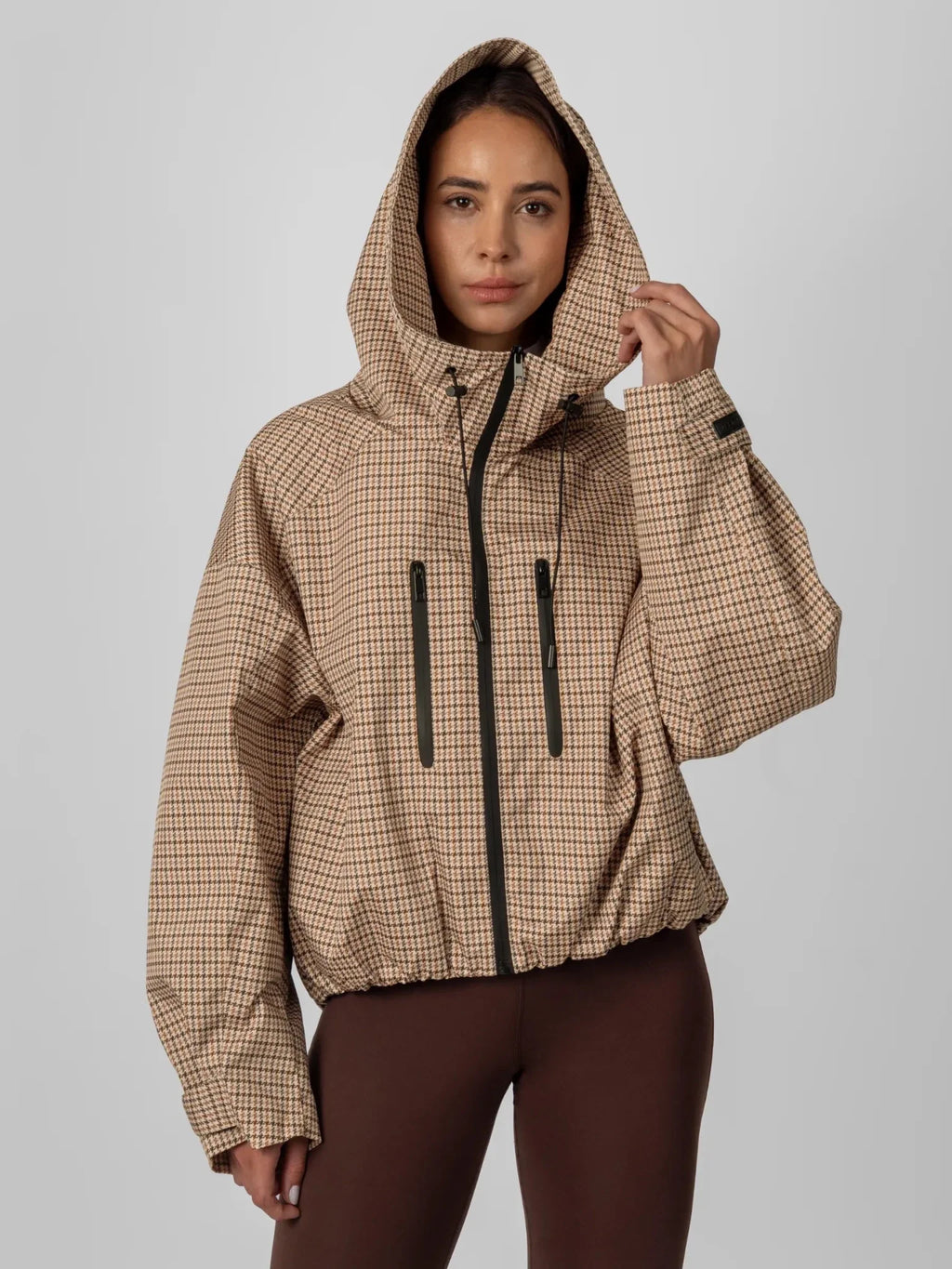 One Size Beige Houndstooth Short Oversized Rain Jacket
