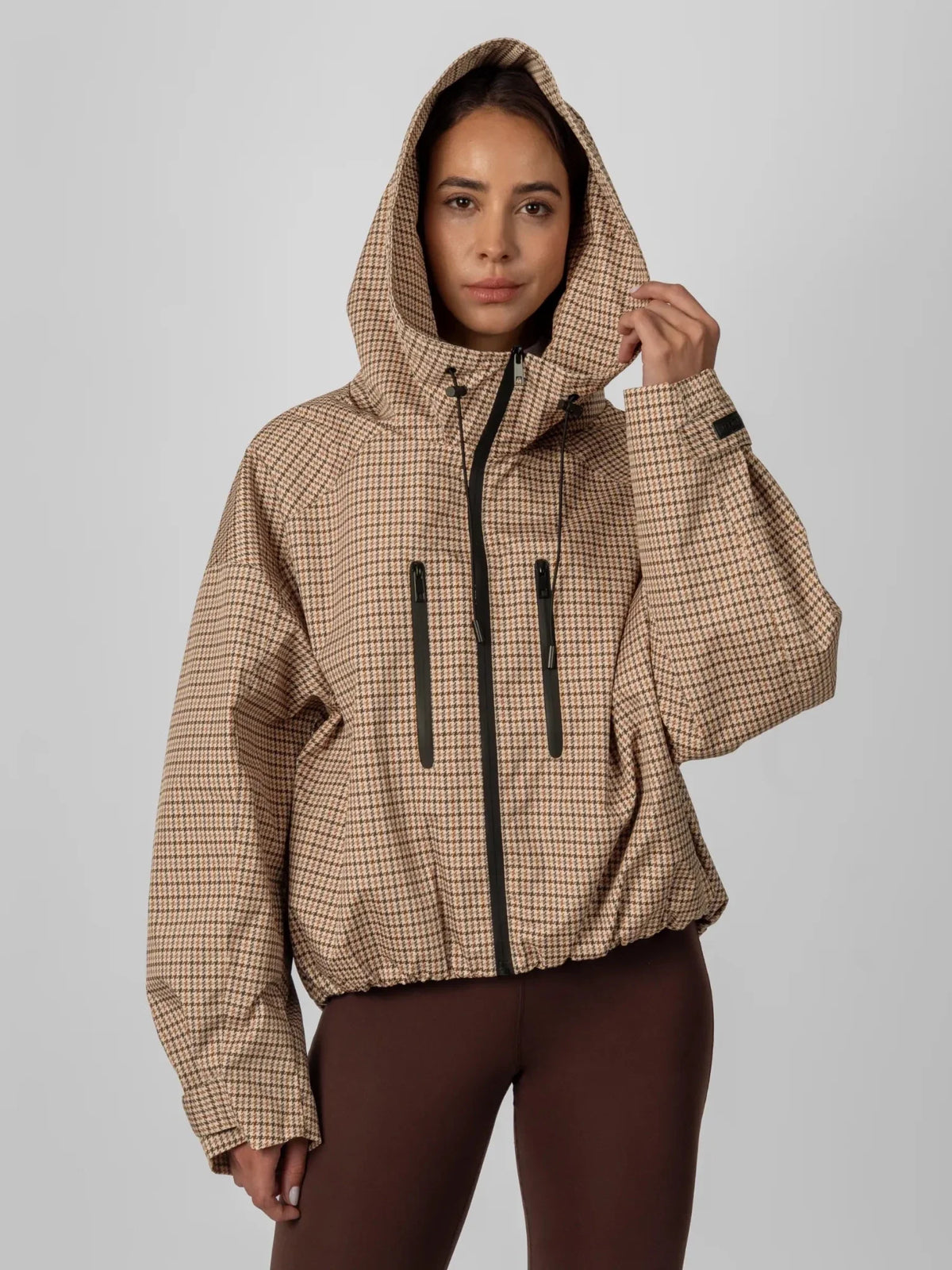 One Size Beige Houndstooth Short Oversized Rain Jacket