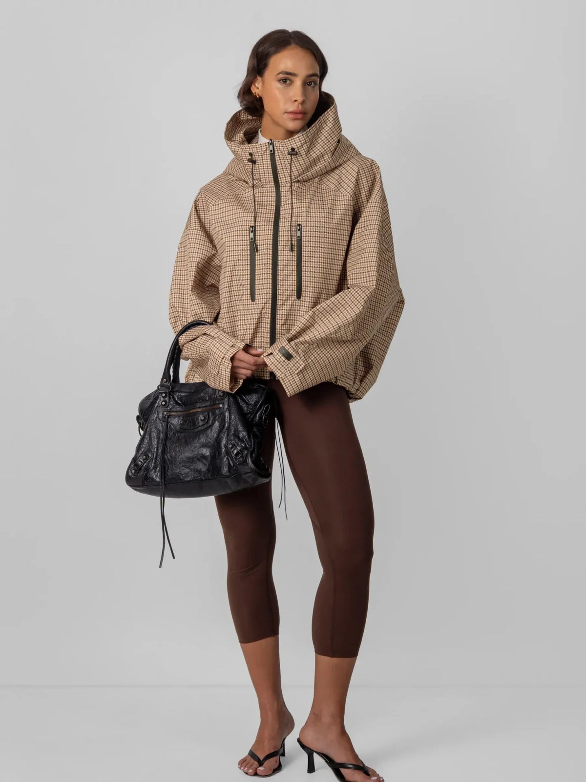 One Size Beige Houndstooth Short Oversized Rain Jacket