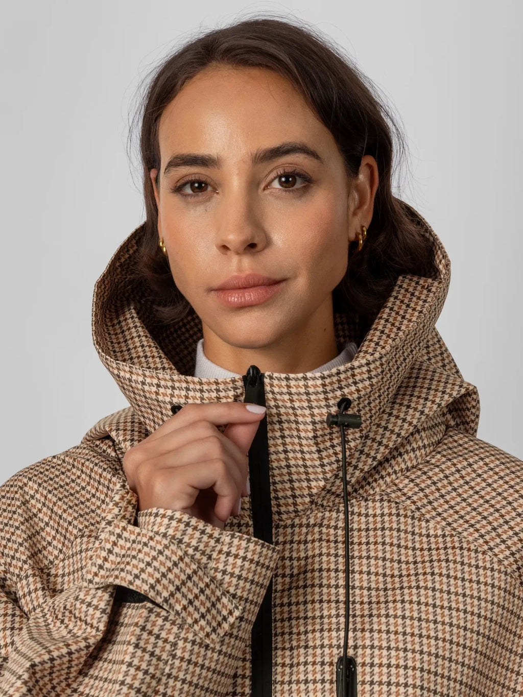 One Size Beige Houndstooth Short Oversized Rain Jacket