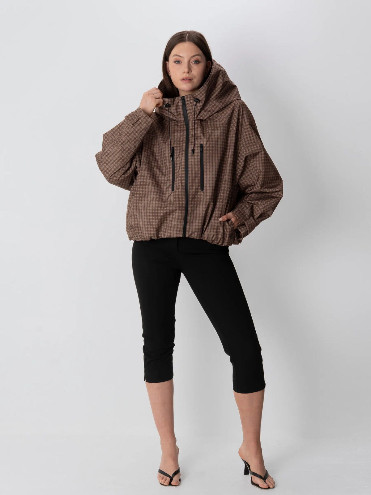 One Size Brown Check Short Oversized Rain Jacket