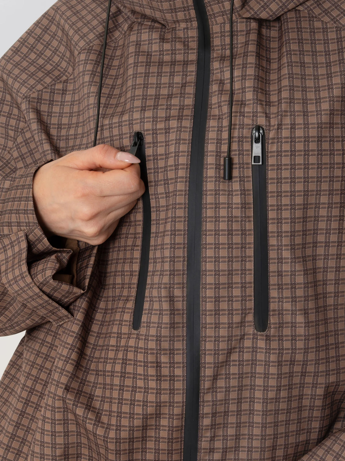 One Size Brown Check Short Oversized Rain Jacket