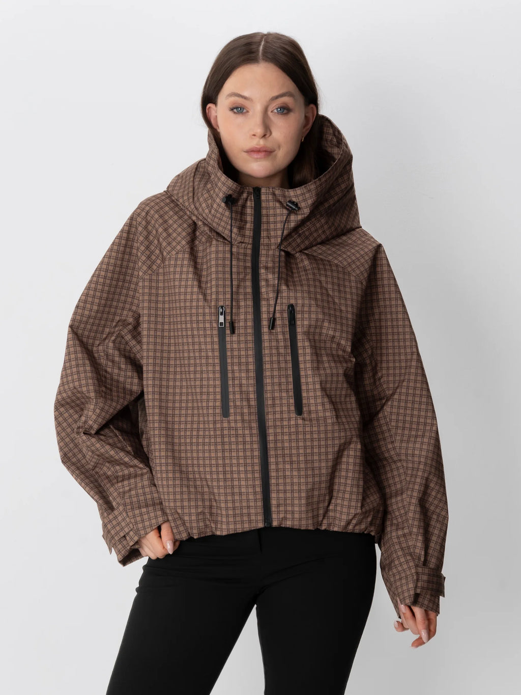 One Size Brown Check Short Oversized Rain Jacket