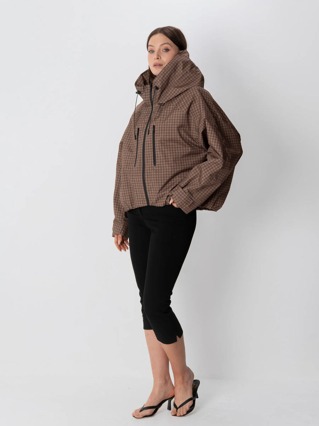 One Size Brown Check Short Oversized Rain Jacket