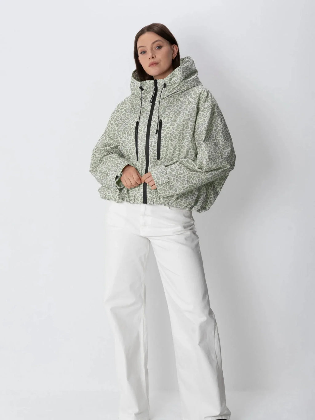 One Size Olive Leopard Short Oversized Rain Jacket