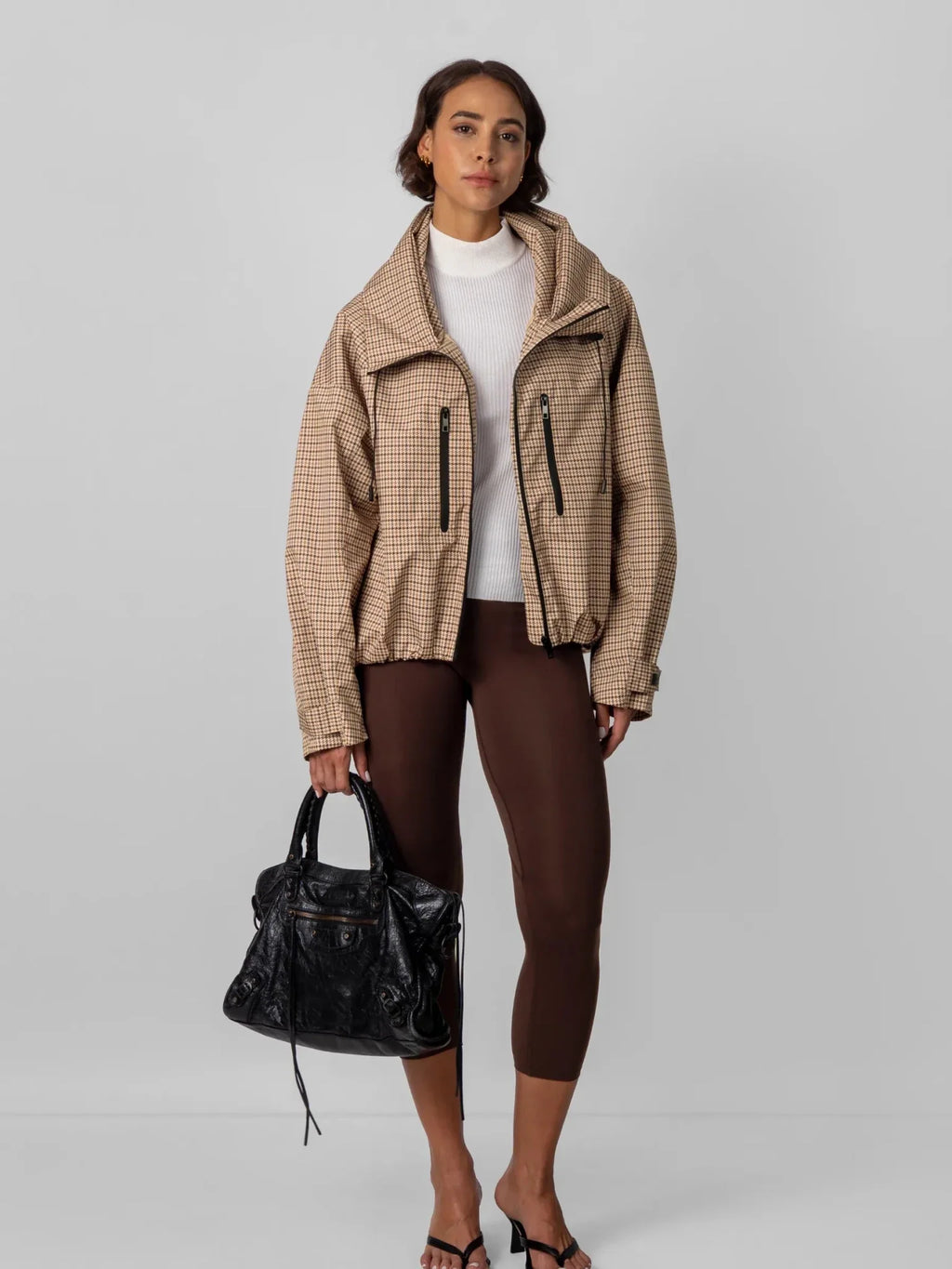 One Size Beige Houndstooth Short Oversized Rain Jacket