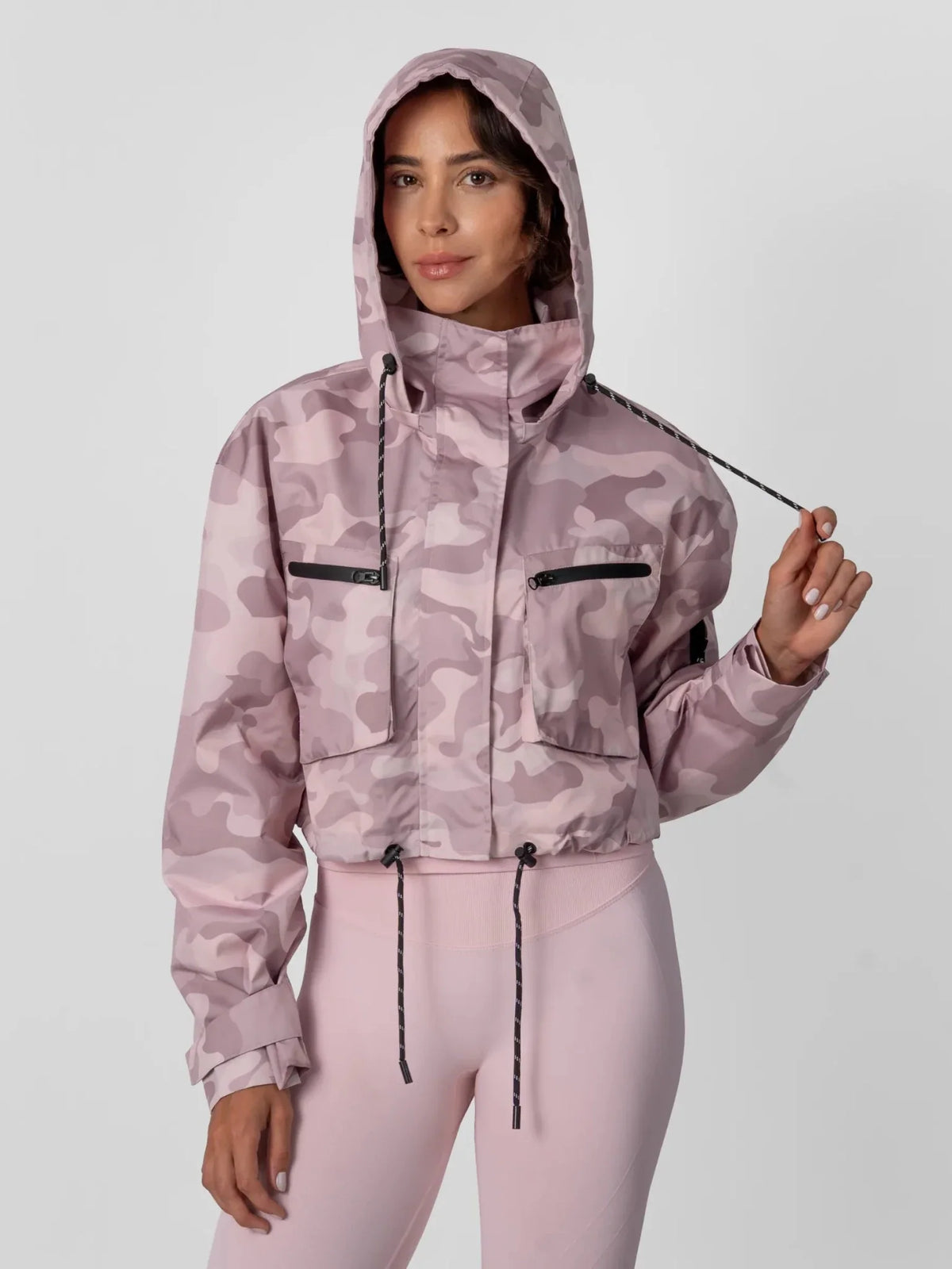 Pink Camo Cropped Detached Hooded Rain Jacket