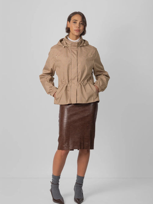Beige Houndstooth Short Drawstring Waist Rain Jacket