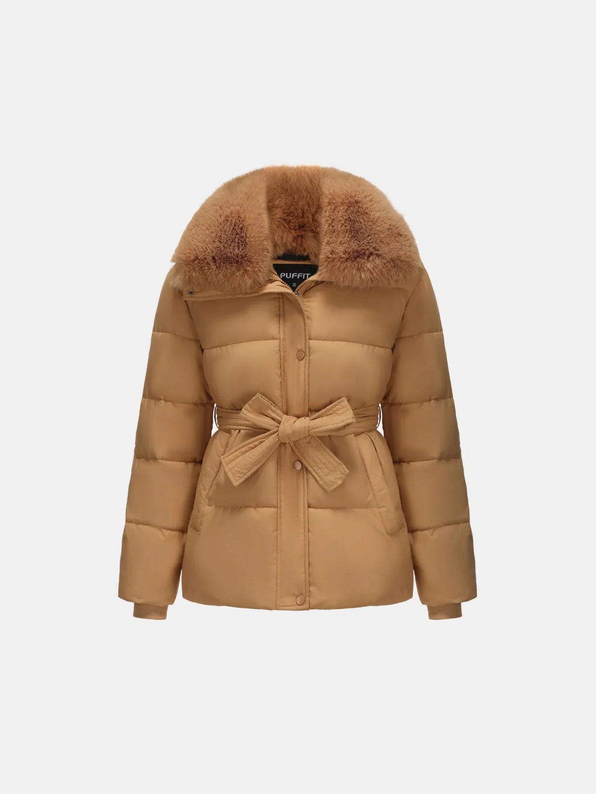 Beige Elevated Detachable Faux Fur Collar Puffer With Belt