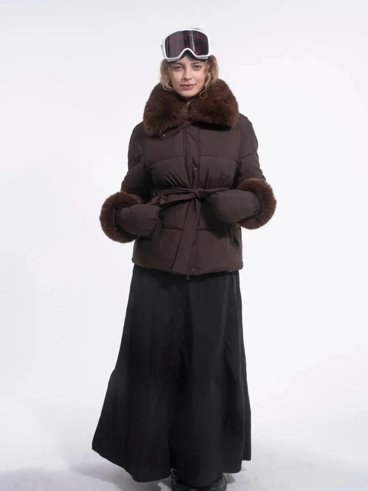 Beige Elevated Detachable Faux Fur Collar Puffer With Belt