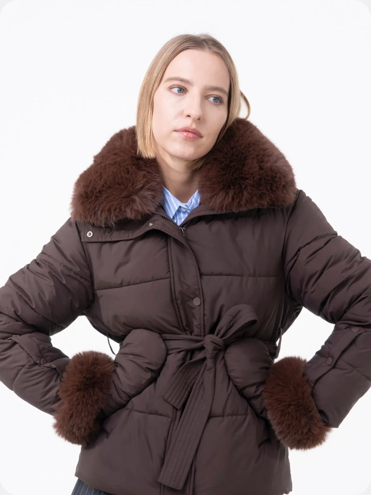 Beige Elevated Detachable Faux Fur Collar Puffer With Belt