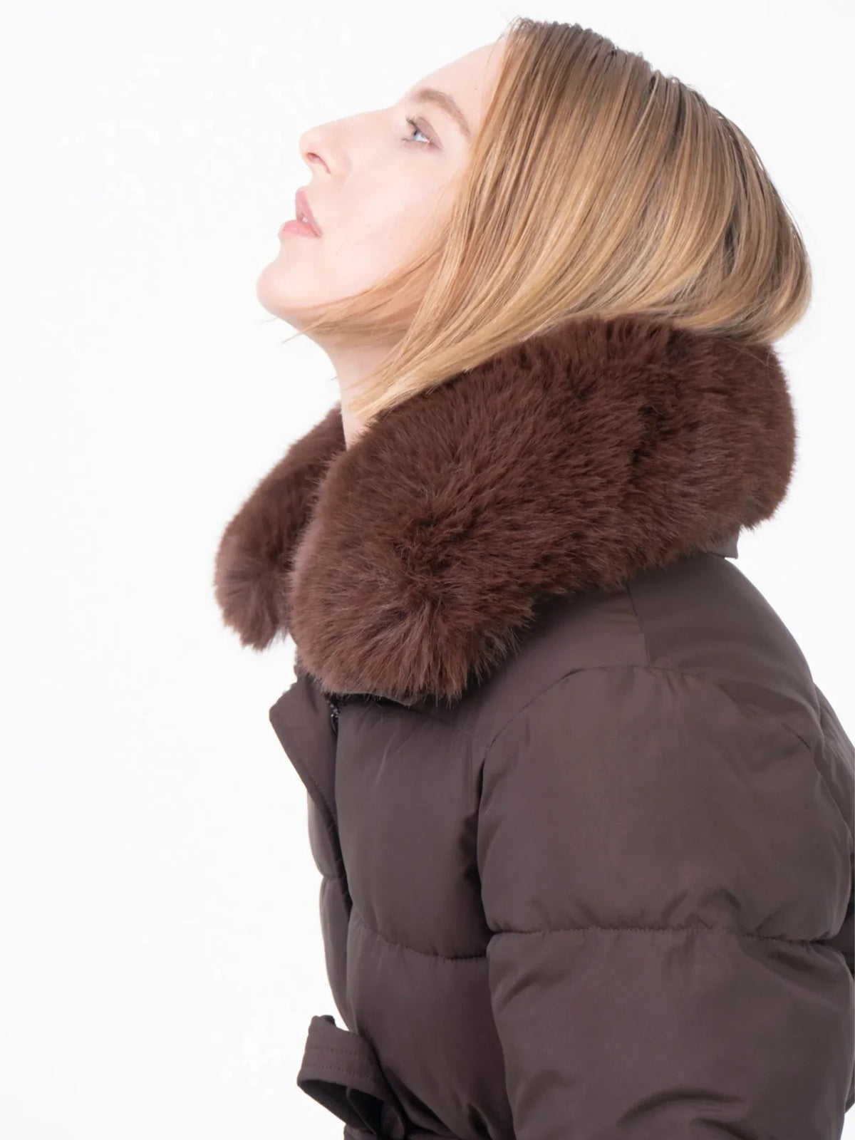 Beige Elevated Detachable Faux Fur Collar Puffer With Belt