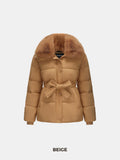 Beige Elevated Detachable Faux Fur Collar Puffer With Belt