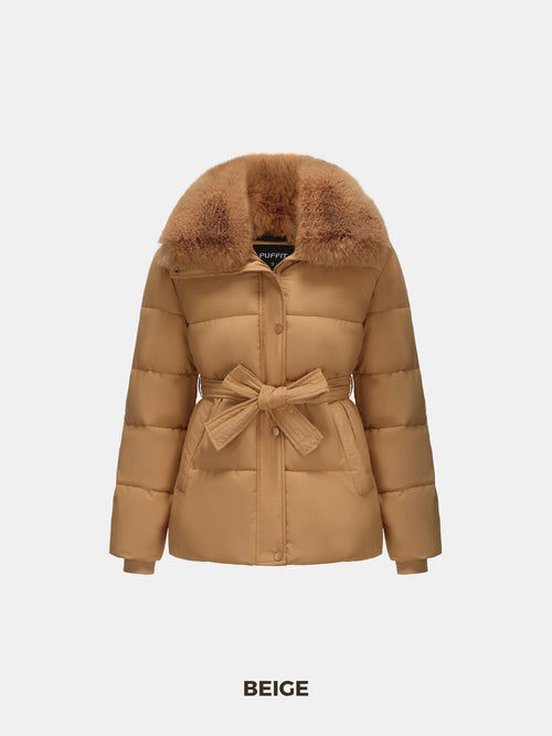 Beige Elevated Detachable Faux Fur Collar Puffer With Belt
