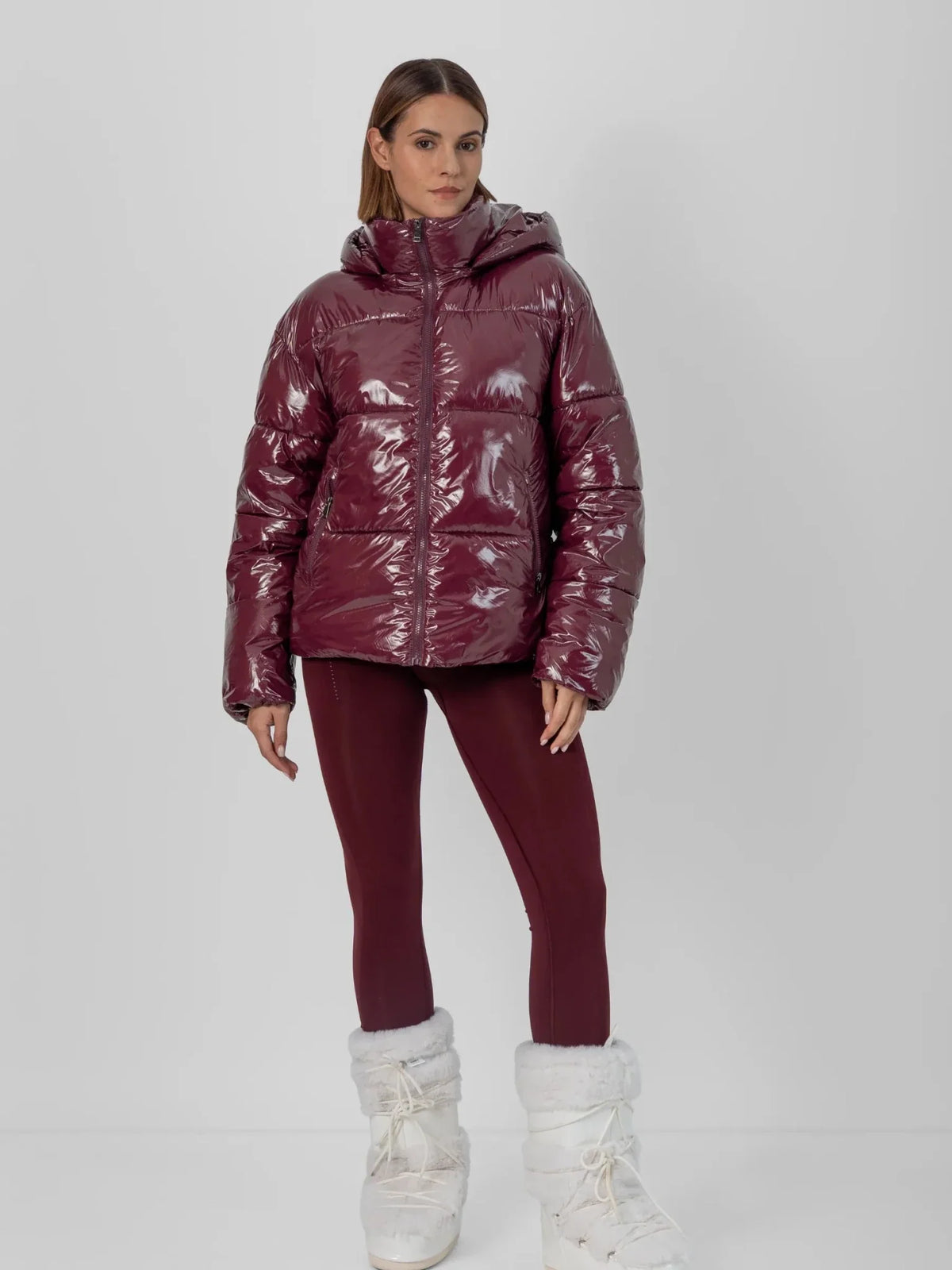 Shiny Burgundy Detachable Hooded Puffer Jacket