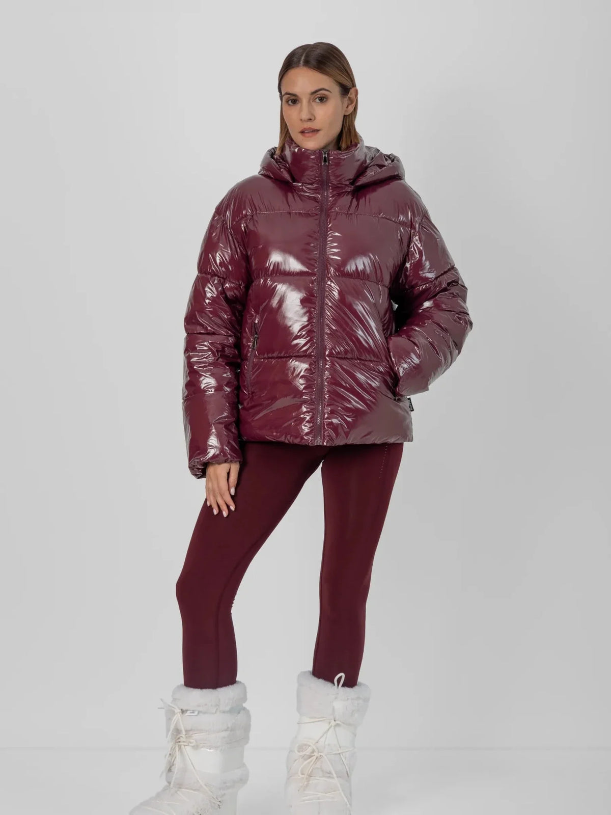 Shiny Burgundy Detachable Hooded Puffer Jacket