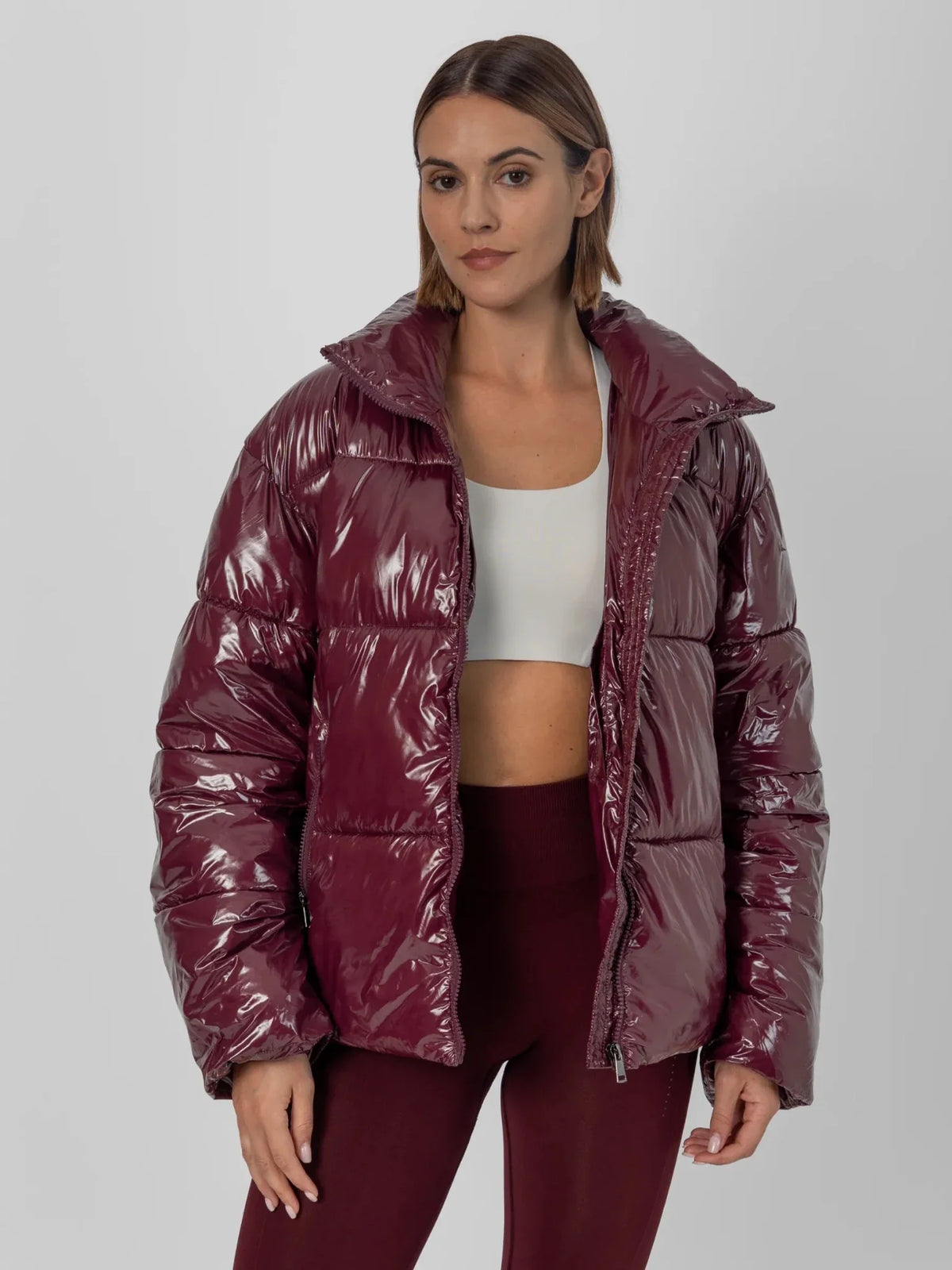 Shiny Burgundy Detachable Hooded Puffer Jacket