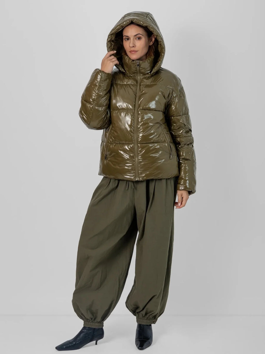 Shiny Green Detachable Hooded Puffer Jacket
