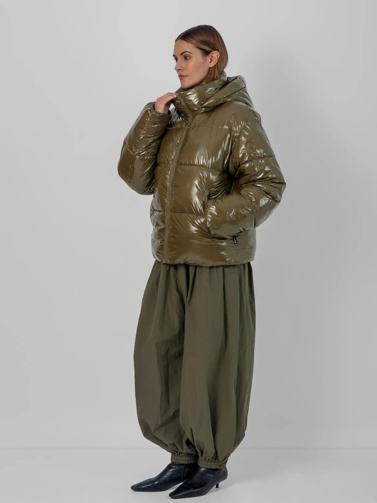 Shiny Green Detachable Hooded Puffer Jacket