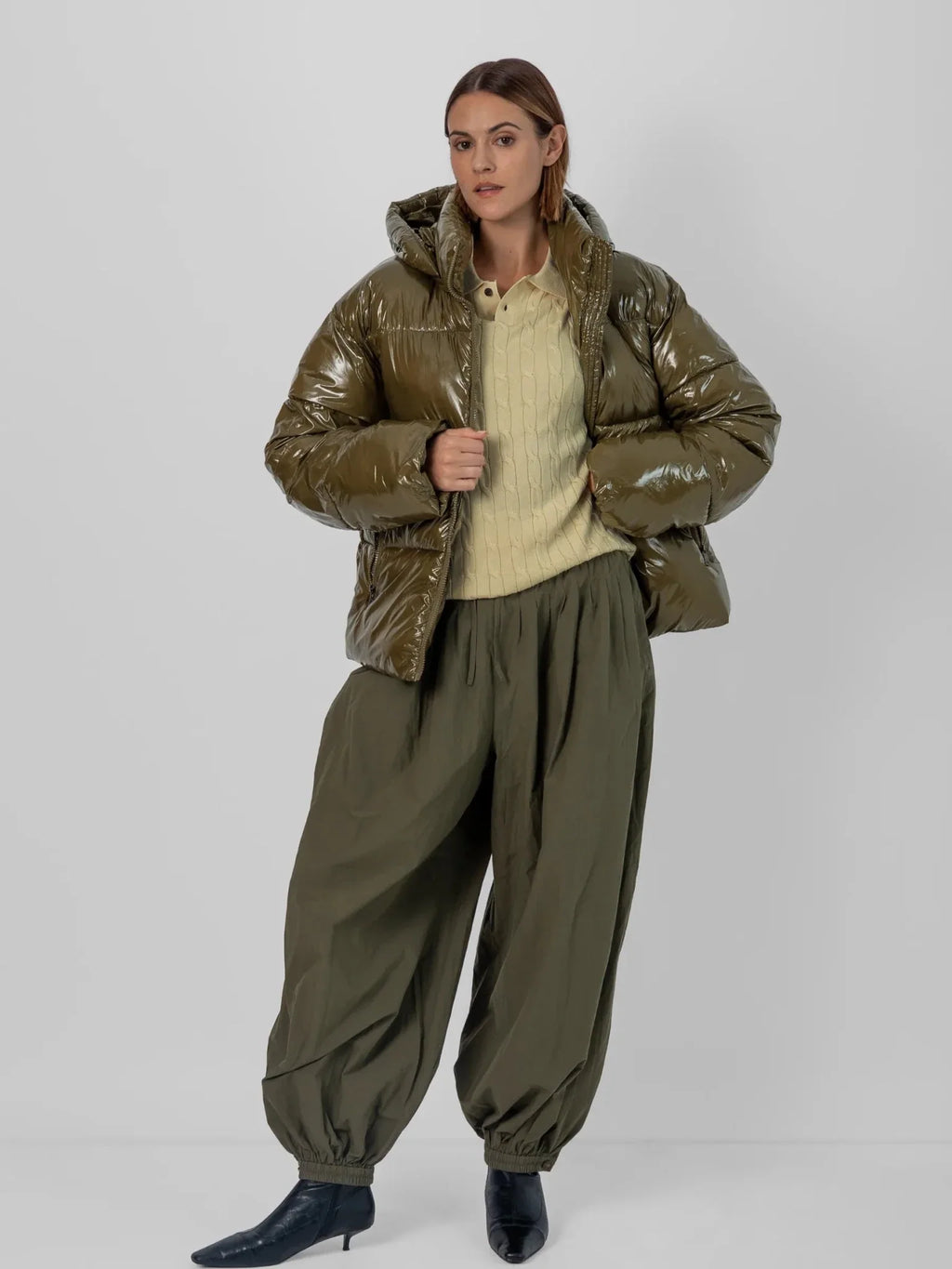 Shiny Green Detachable Hooded Puffer Jacket